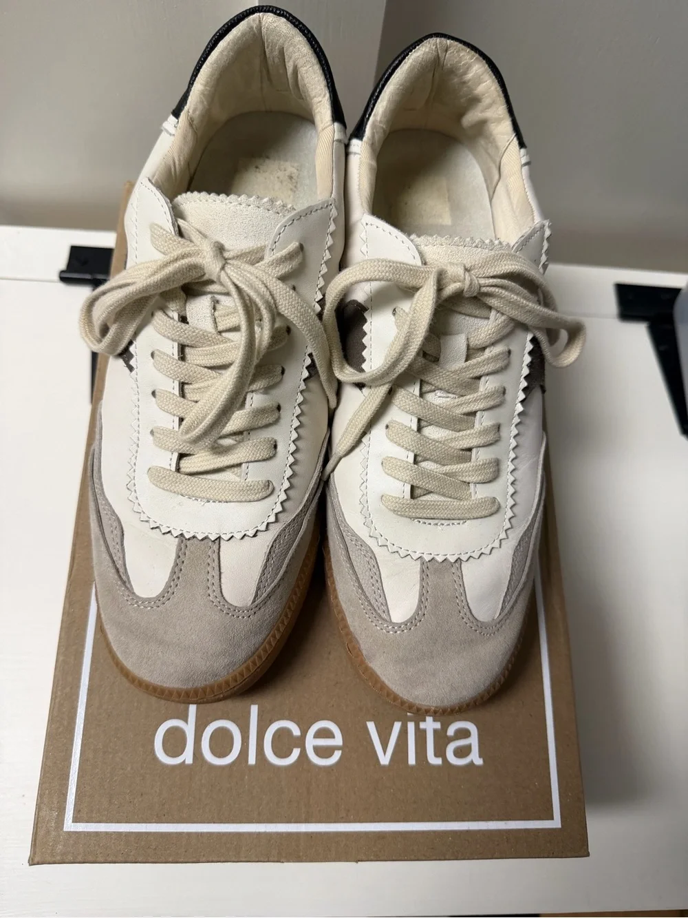 Dolce Vita NOTICE Sneakers - White and Grey Leather and Suede - Cream Laces